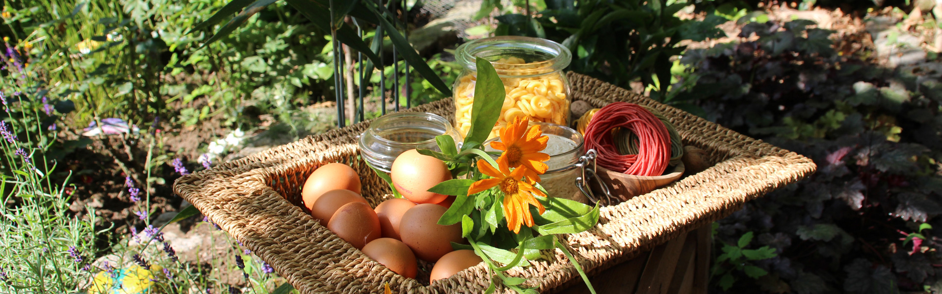 EierNudeln Ein rustikaler Korb mit frischen Eiern, hausgemachter Pasta und Glasbehältern mit Getreide, umgeben von Lavendel und Blüten.